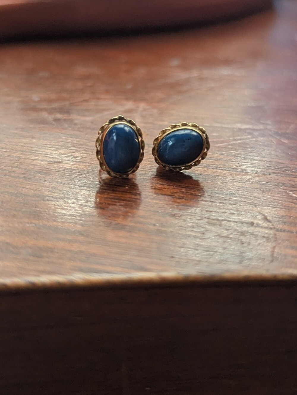 Vintage Gold and Blue Cabochon Oval Stud Earrings